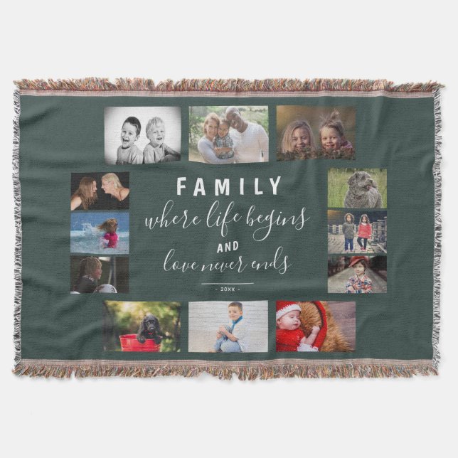 Yearly Family Keepsake Saying 12 Photo Collage Throw Blanket (Front)
