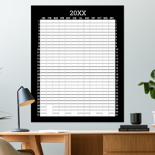 Yearly View Calendar - Black White Goal Planner Poster