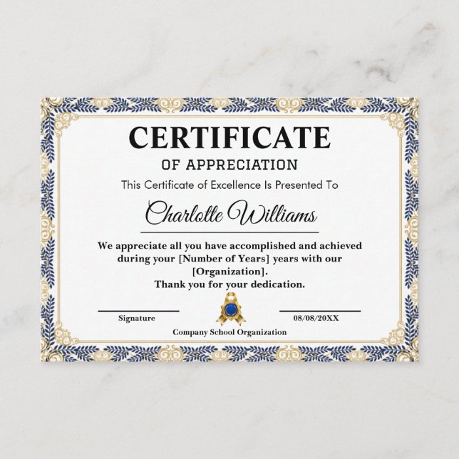 Years of Service Appreciation Gold Certificate  (Front)