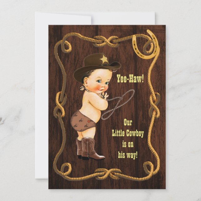 Yee-Haw! Brunette Cowboy Rustic Baby Shower Invitation (Front)