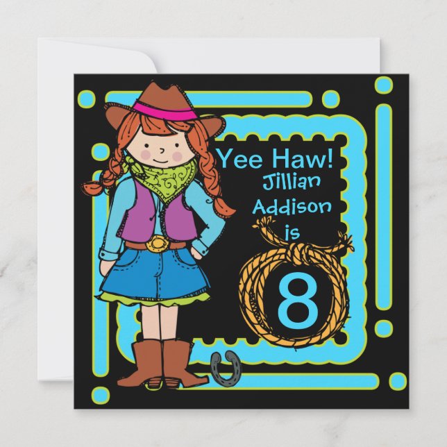 Yee Haw Cowgirl Customised Birthday Invites (Front)