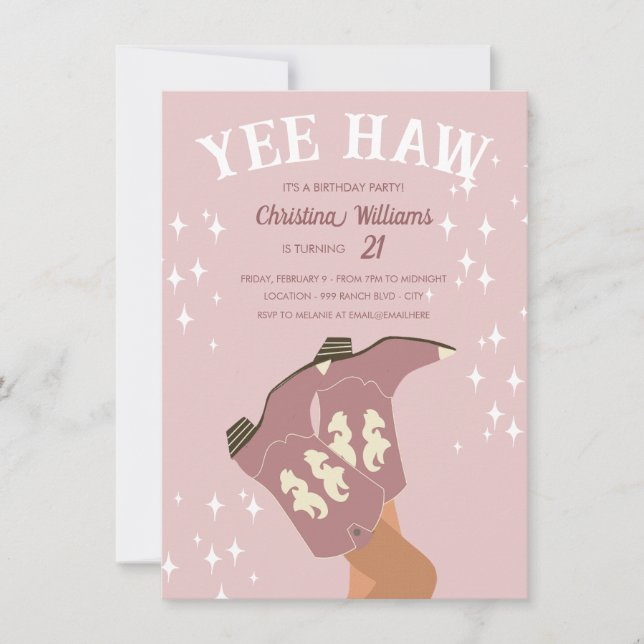 Yee Haw Modern Blush Pink Western Cowboy Birthday Invitation (Front)