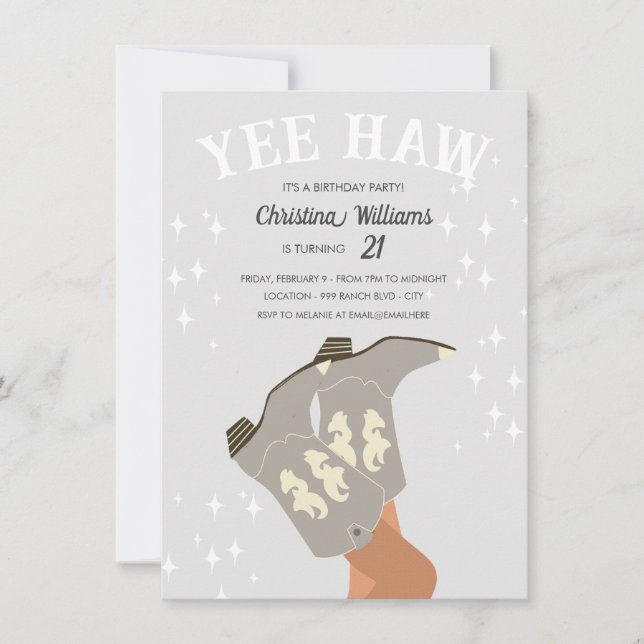 Yee Haw Modern Grey Western Cowboy Birthday Invitation (Front)