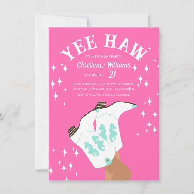 Yee Haw Modern Hot Pink Western Rodeo Birthday Invitation (Front)