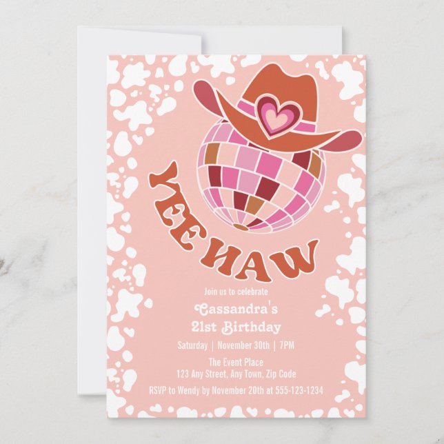 Yee Haw Peach Disco Cowgirl Rodeo Birthday Invitation (Front)