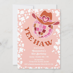 Yee Haw Peach Disco Cowgirl Rodeo Birthday Invitation