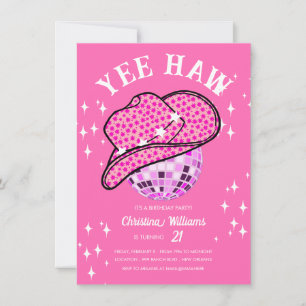 Yee Haw Pink Disco Cowboy Rodeo Birthday Invitation