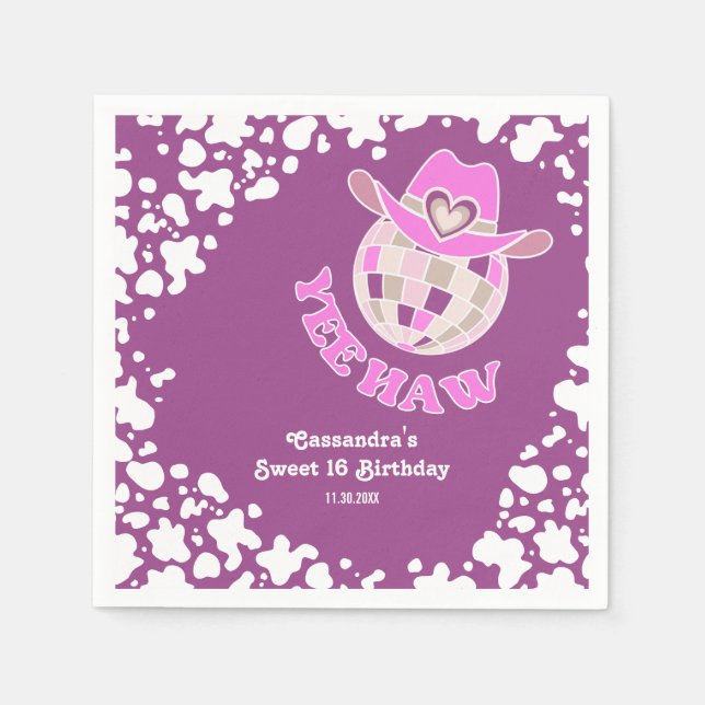 Yee Haw Purple Disco Cowgirl Rodeo Birthday Napkin (Front)