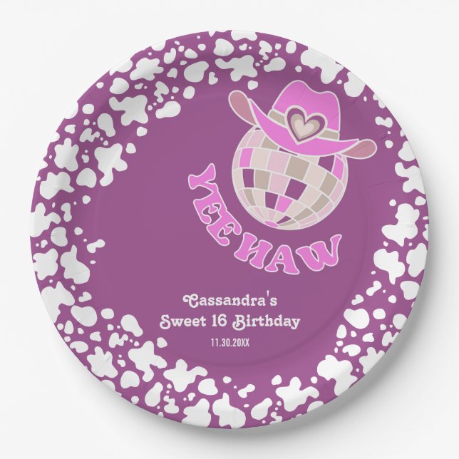 Yee Haw Purple Disco Cowgirl Rodeo Birthday Paper Plate (Front)