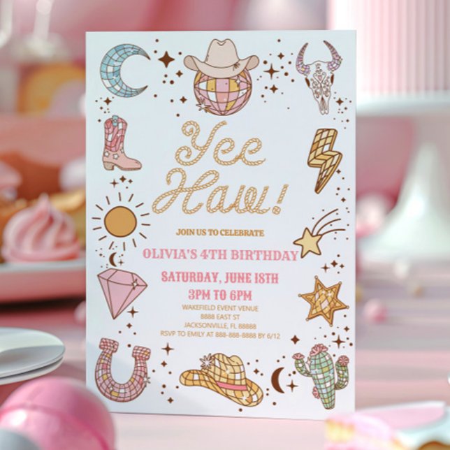 Yee Haw! Retro Disco Cowgirl Rodeo Birthday Party Invitation (Creator Uploaded)