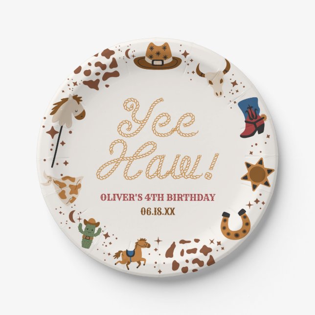 Yee Haw! Western Cowboy Rodeo Birthday Party Paper Plate (Front)