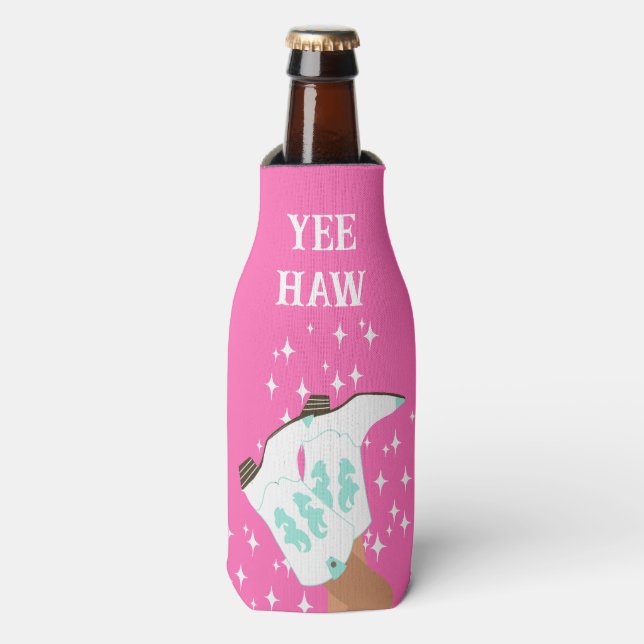 Yee Haw Western Rodeo Cowboy Boots Pink Bottle Cooler (Bottle Front)