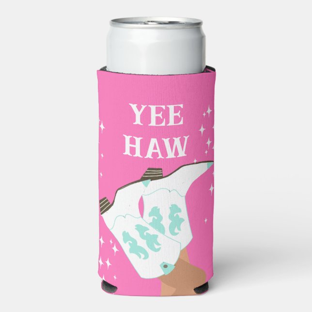 Yee Haw Western Rodeo Cowboy Boots Pink Seltzer Can Cooler (Seltzer Front)