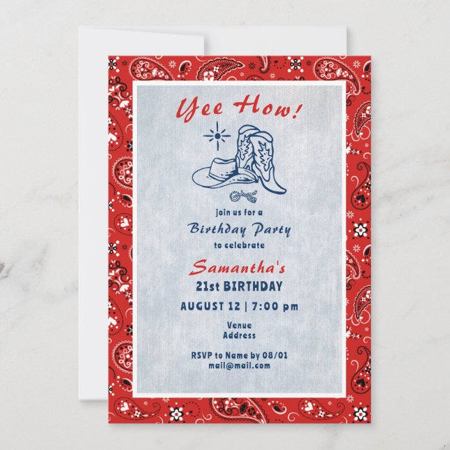 Yee How Western Paisley Denim Blue Jeans Birthday Invitation (Front)