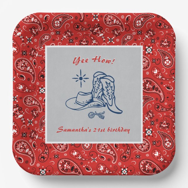 Yee How Western Paisley Denim Blue Jeans Birthday Paper Plate (Front)