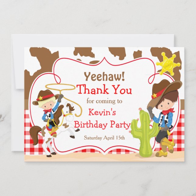 Yeehaw Cowboy Western Birthday Party Thank You Card (Front)