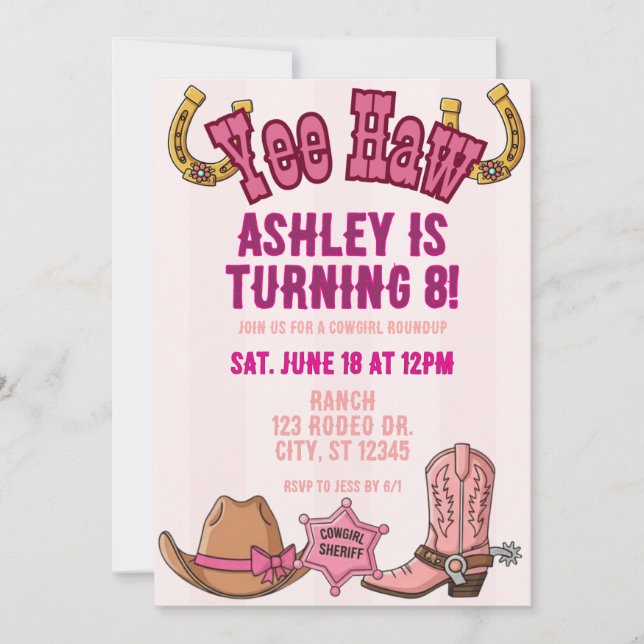 YEEHAW cowgirl roundup birthday party Invitation (Front)