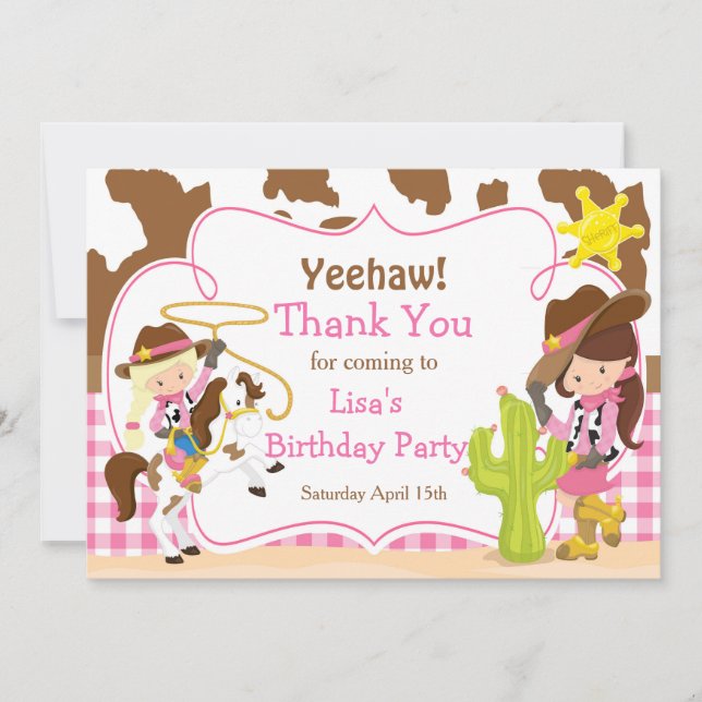 Yeehaw Cowgirl Western Birthday Party Thank You Card (Front)