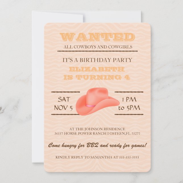YEEHAW! Orange Cowgirl Birthday Party Invitation (Front)
