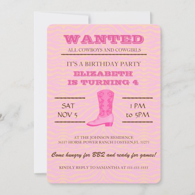 YEEHAW! Pink Cowgirl Birthday Party Invitation (Front)