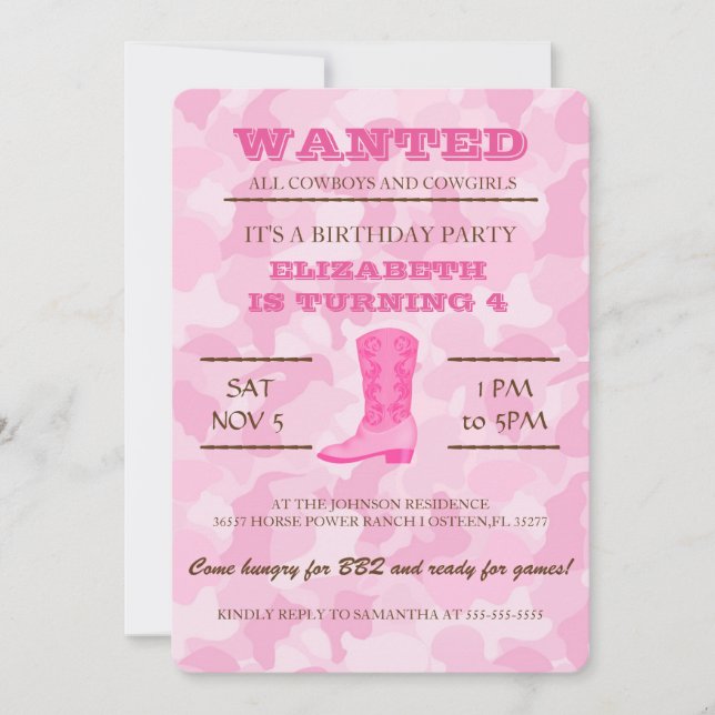 YEEHAW! Pink Cowgirl Birthday Party Invitation (Front)