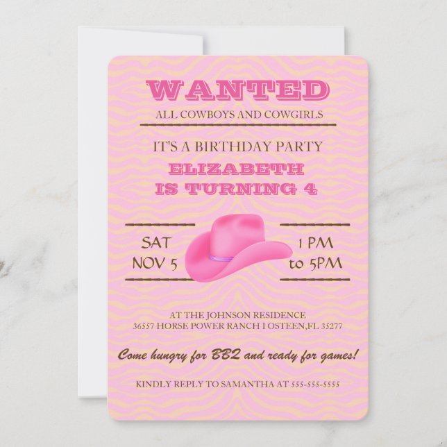 YEEHAW! Pink Cowgirl Birthday Party Invitation (Front)