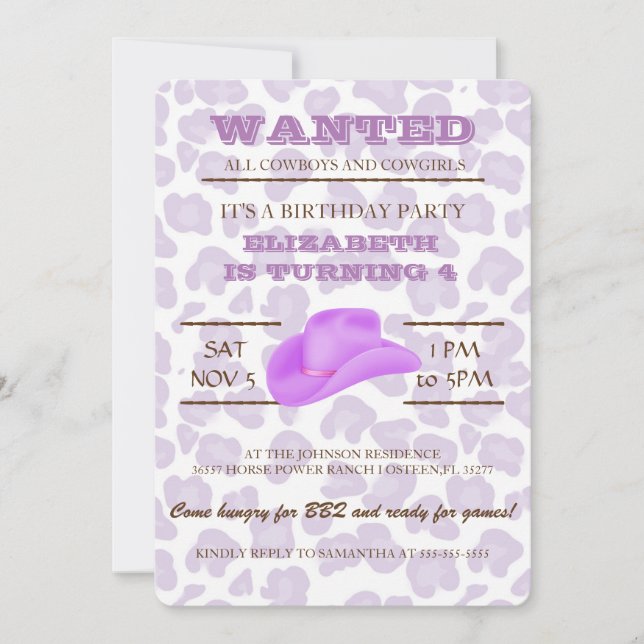 YEEHAW! Purple Cowgirl Birthday Party Invitation (Front)