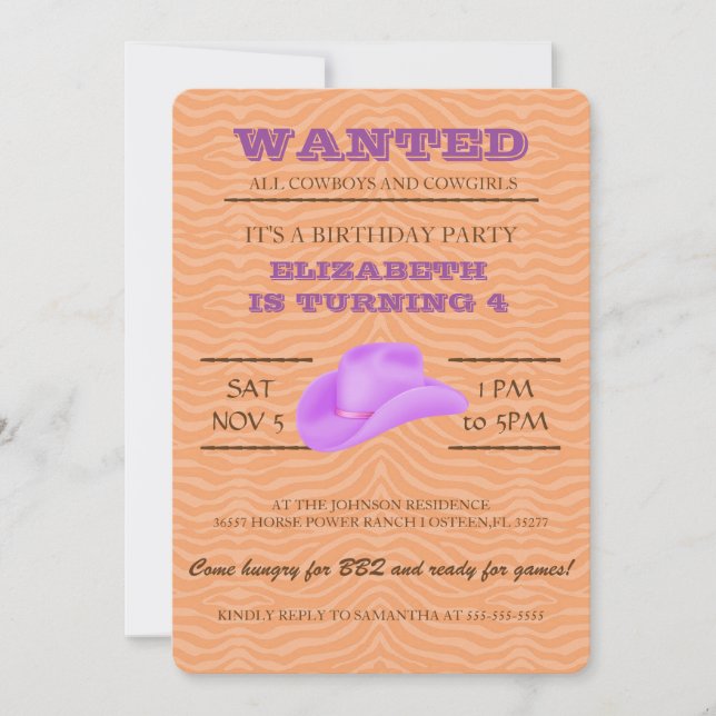 YEEHAW! Purple Cowgirl Birthday Party Invitation (Front)