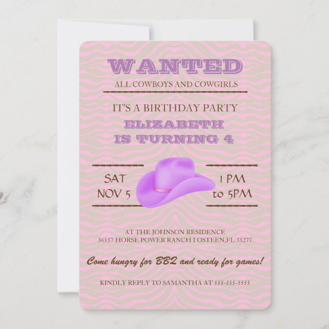 YEEHAW! Purple Cowgirl Birthday Party Invitation (Front)