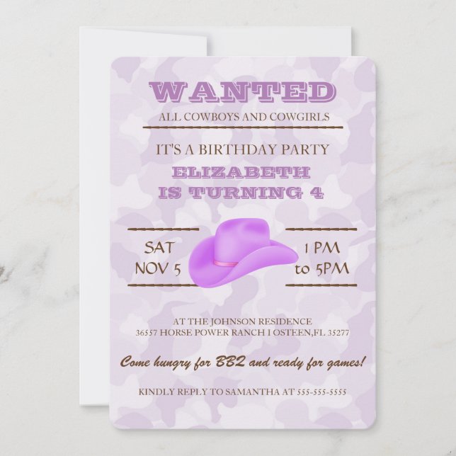 YEEHAW! Purple Cowgirl Birthday Party Invitation (Front)