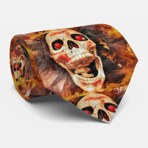 Yelling Skull with Fire Background Halloween Tie