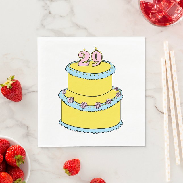 Yellow 29th Birthday Cake with Pink Roses Napkin (Creator Uploaded)