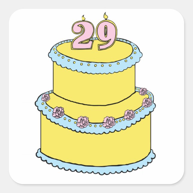 Yellow 29th Birthday Cake with Pink Roses Square Sticker (Front)