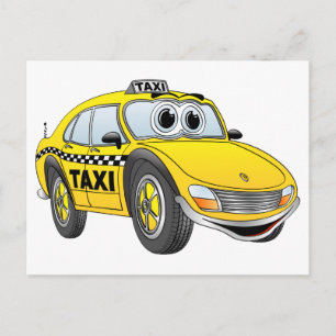 Yellow 4 Door Taxi Cab Cartoon Postcard