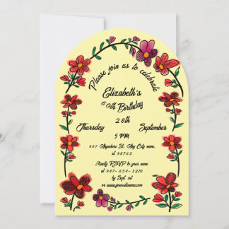 Yellow 60th Birthday Party Whimsical Doodle Flower Invitation