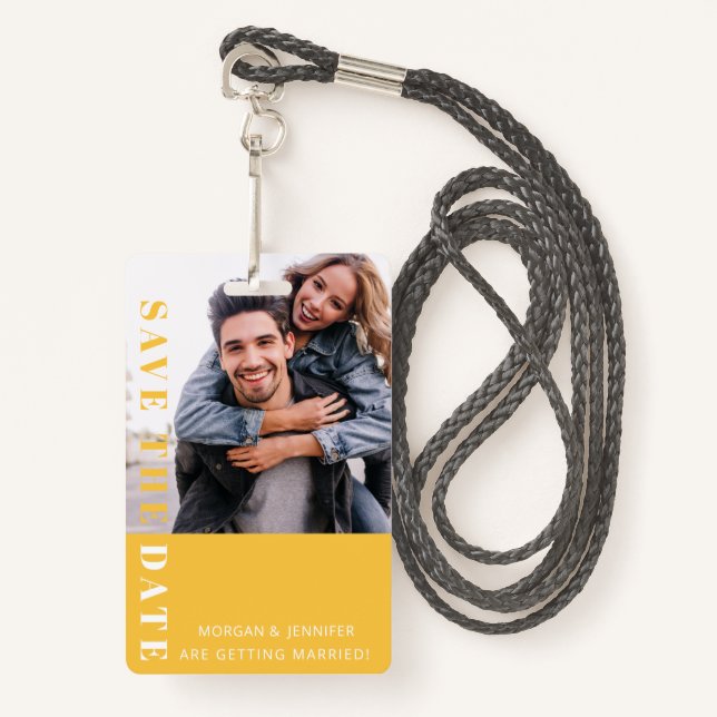 Yellow 80s Save the Date  ID Badge (Front with Lanyard)