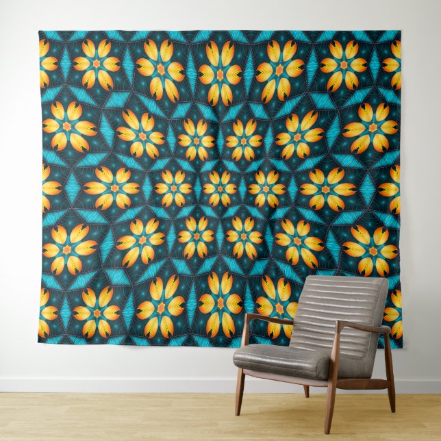 Yellow Abstract Flowers Tapestry (In Situ (Horizontal))