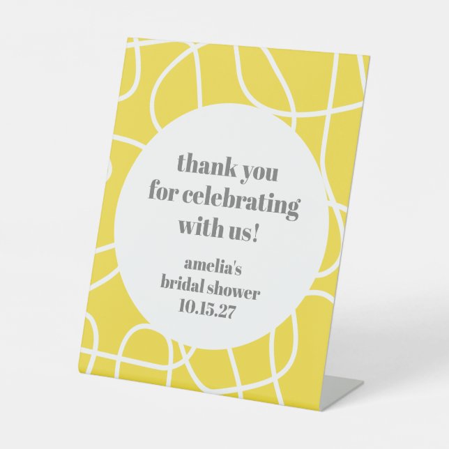 Yellow Abstract Line Custom Bridal Shower Thanks Pedestal Sign (Front)