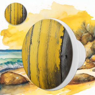 Yellow Abstract with Aged Wood Texture Ceramic Knob
