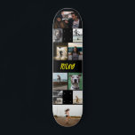 Yellow Add Name Black Photo Collage Template Skateboard<br><div class="desc">Customisable skateboard with a photo template to which you can add twelve of your own photos and your name in a distressed yellow grunge font against a black background. Cool photo collage skateboard personalised with your name and 12 photos in different sizes and shapes. Show off your favourite pics as...</div>