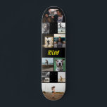 Yellow Add Name Black Photo Collage Template Skateboard<br><div class="desc">Customisable skateboard with a photo template to which you can add twelve of your own photos and your name in a distressed yellow grunge font against a black background. Cool photo collage skateboard personalised with your name and 12 photos in different sizes and shapes. Show off your favourite pics as...</div>