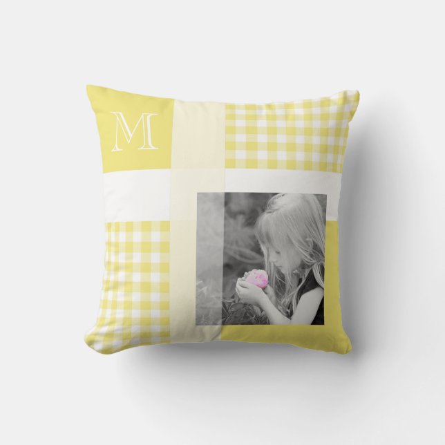 Yellow Add Your Photo Gingham Modern Monogram Cushion (Front)
