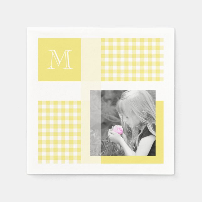 Yellow Add Your Photo Gingham Modern Monogram Napkin (Front)