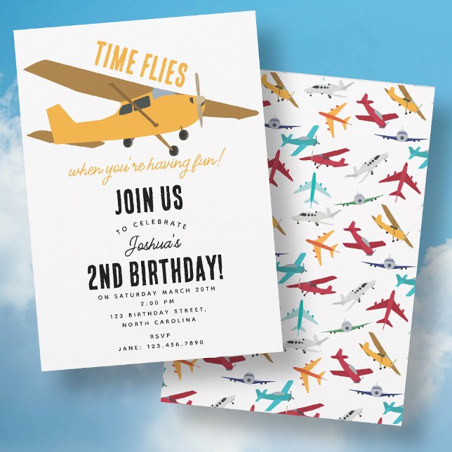 Yellow Aeroplane Kids 1st Birthday Party Time Flie Invitation (Yellow Airplane Kids 1st Birthday Party Time Flies Invitation)