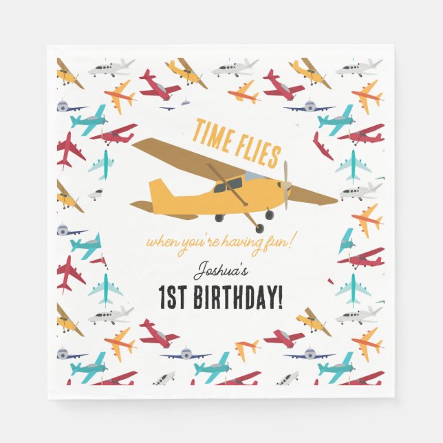 Yellow Aeroplane Kids 1st Birthday Party Time Flie Napkin (Front)