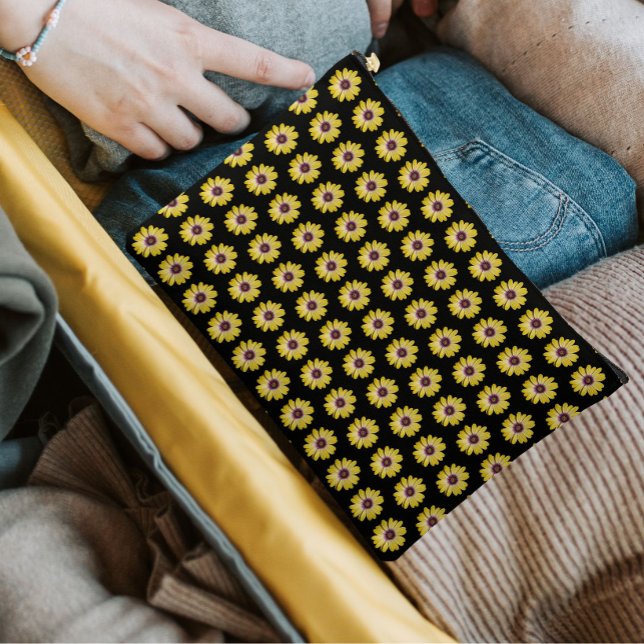Yellow African Daisy Floral Pattern on Black Accessory Pouch (In Situ)