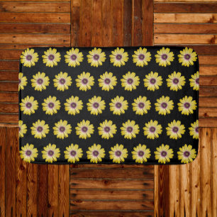 Yellow African Daisy Floral Pattern on Black Bath Mat