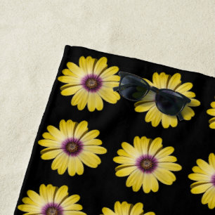 Yellow African Daisy Floral Pattern on Black Beach Towel