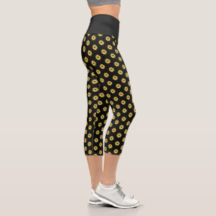Yellow African Daisy Floral Pattern on Black Capri Leggings
