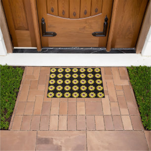 Yellow African Daisy Floral Pattern on Black Doormat